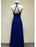 Beaded Halter Neck Navy Blue Chiffon Stunning Evening Dress
